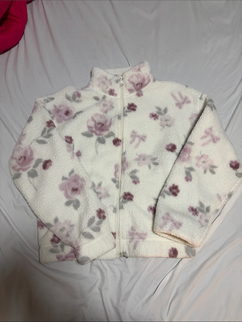 Gilly Hicks Cream Sherpa Jacket with Pink Floral Print